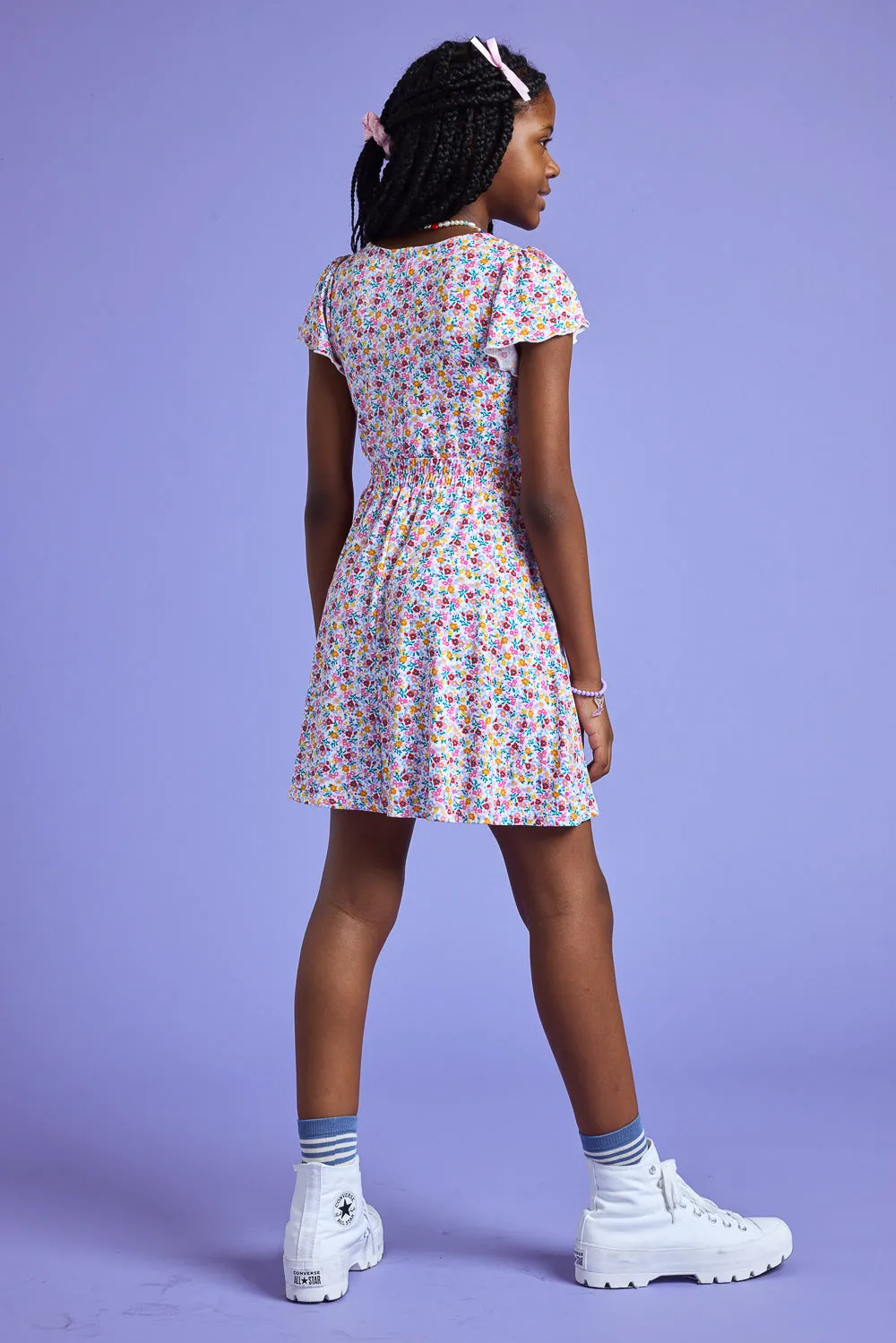 Kids White Pink Floral Flutter Sleeve Dress