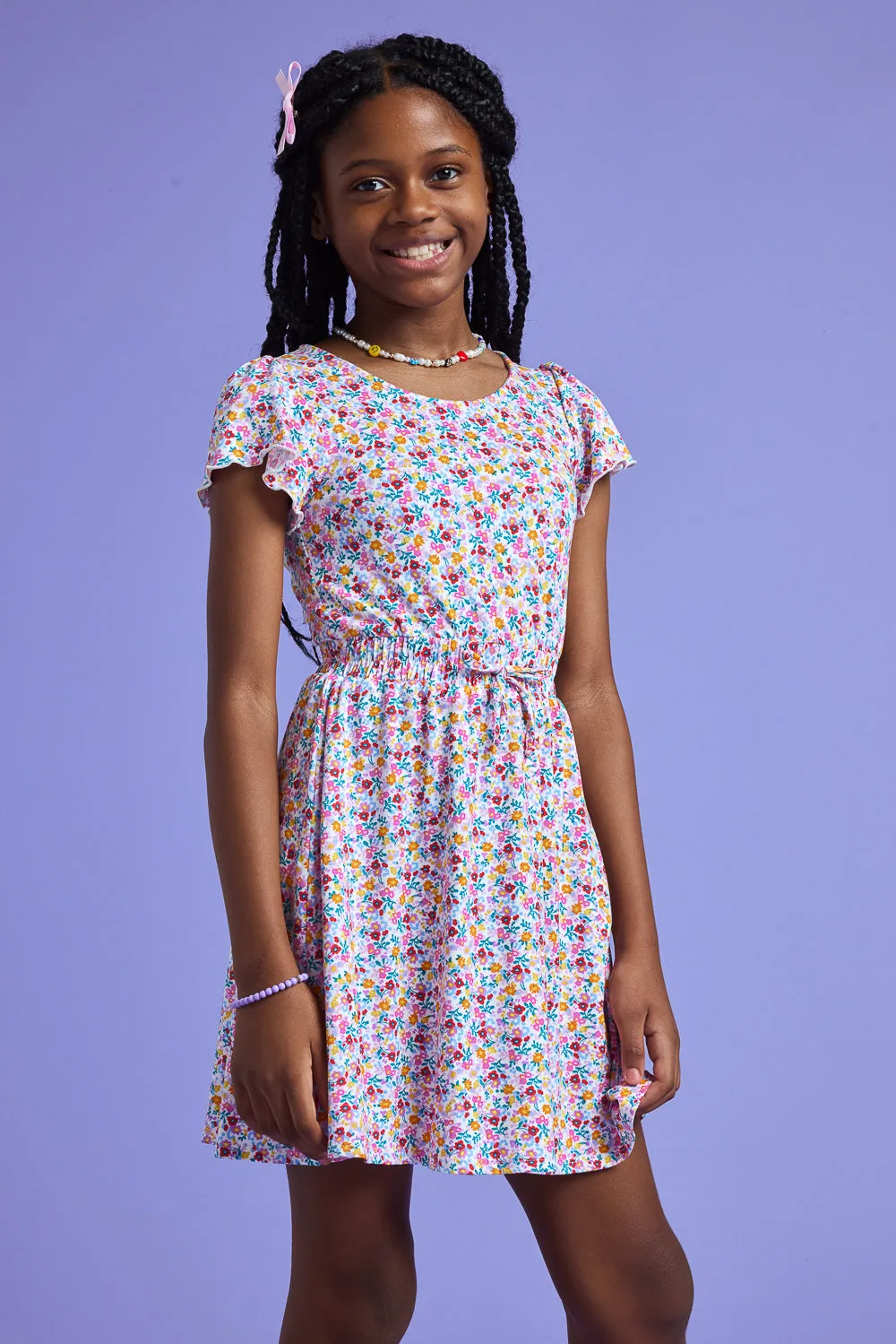 Kids White Pink Floral Flutter Sleeve Dress