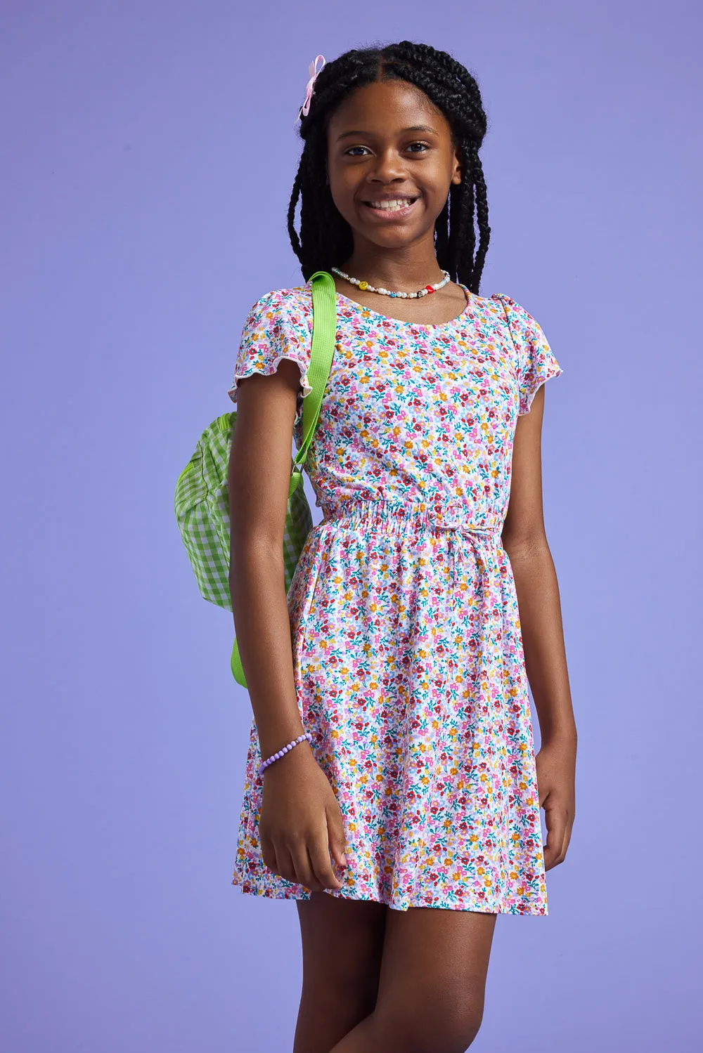 Kids White Pink Floral Flutter Sleeve Dress