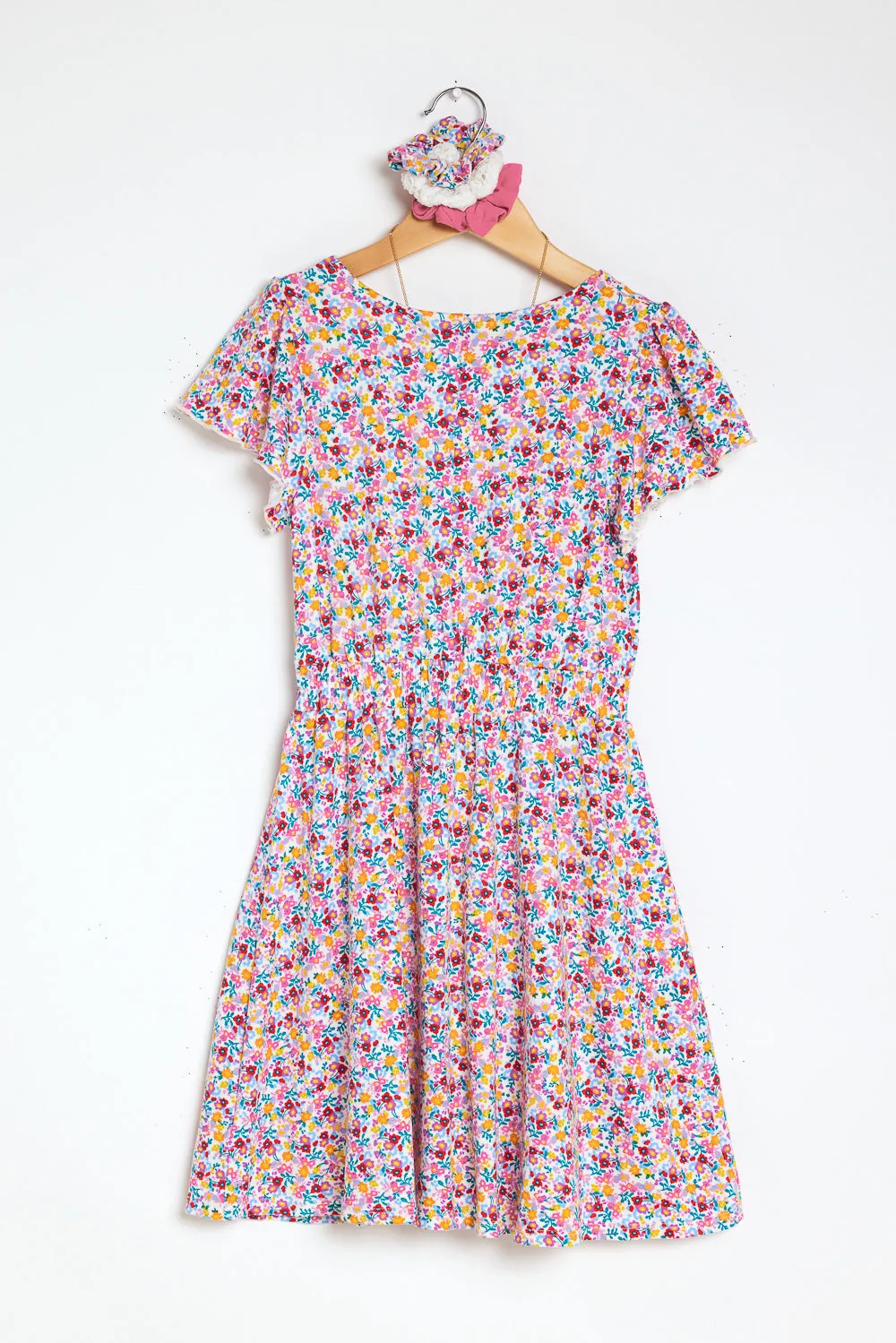 Kids White Pink Floral Flutter Sleeve Dress