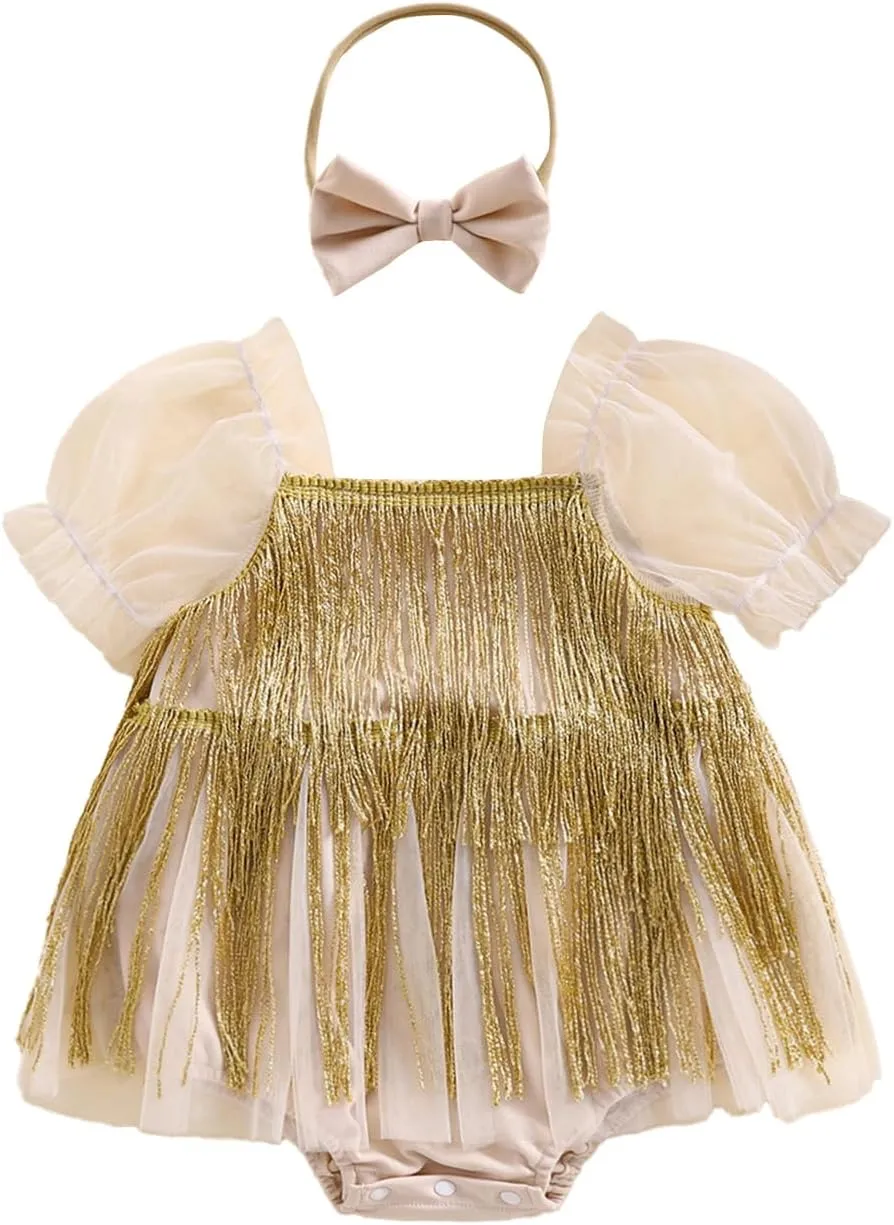 KMBANGI Toddler Baby Girl Sequin Fringe Romper Dress Puff Short Sleeve Sparkly Romper Birthday Princess Outfit Summer Clothes