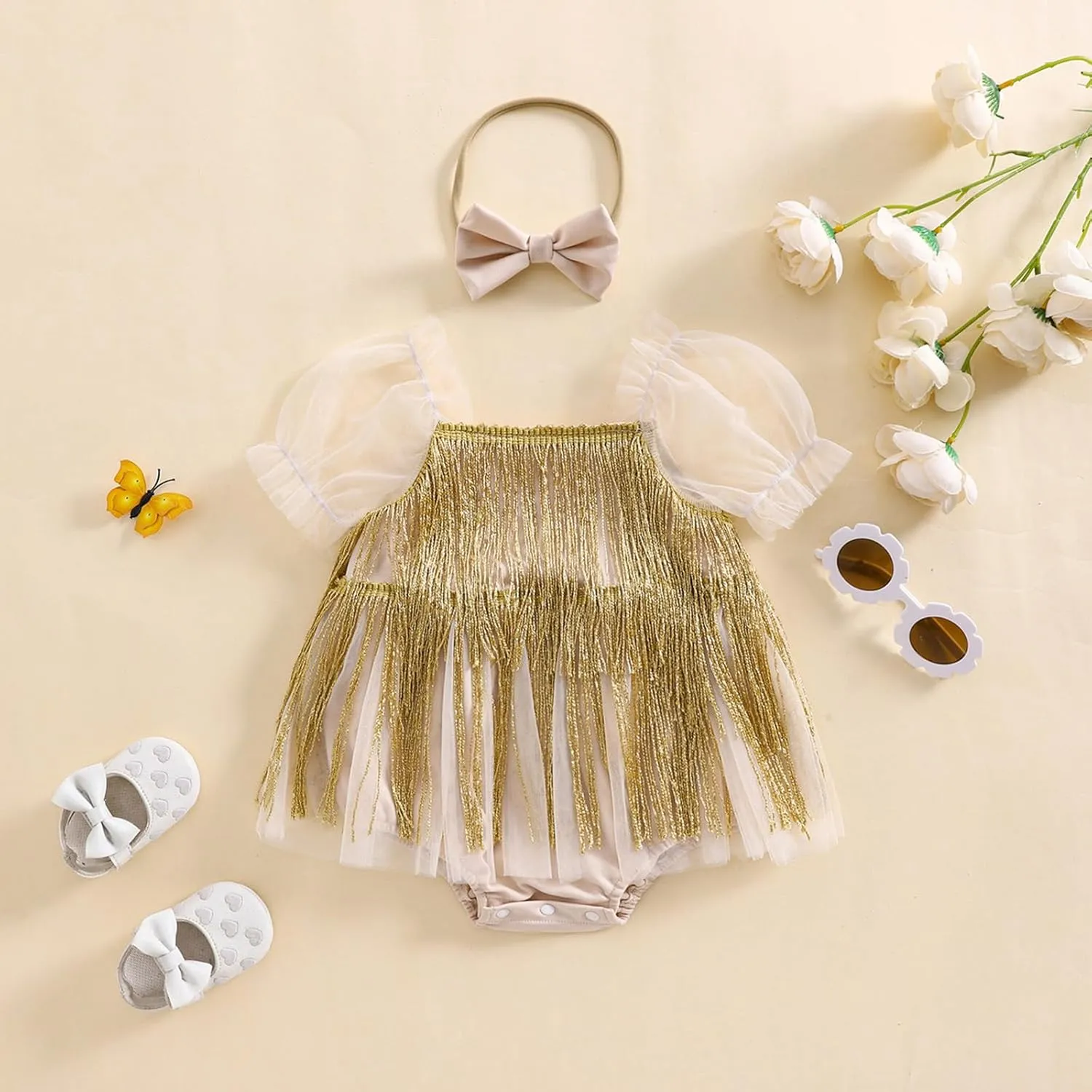 KMBANGI Toddler Baby Girl Sequin Fringe Romper Dress Puff Short Sleeve Sparkly Romper Birthday Princess Outfit Summer Clothes