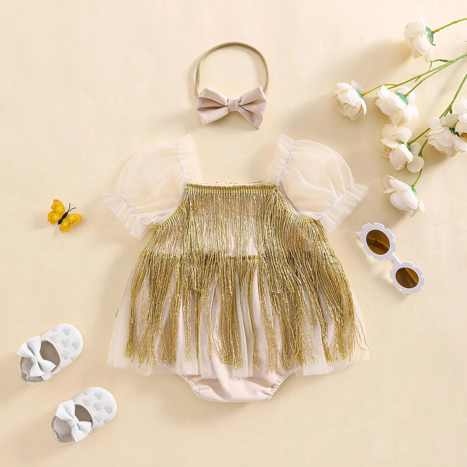 KMBANGI Toddler Baby Girl Sequin Fringe Romper Dress Puff Short Sleeve Sparkly Romper Birthday Princess Outfit Summer Clothes