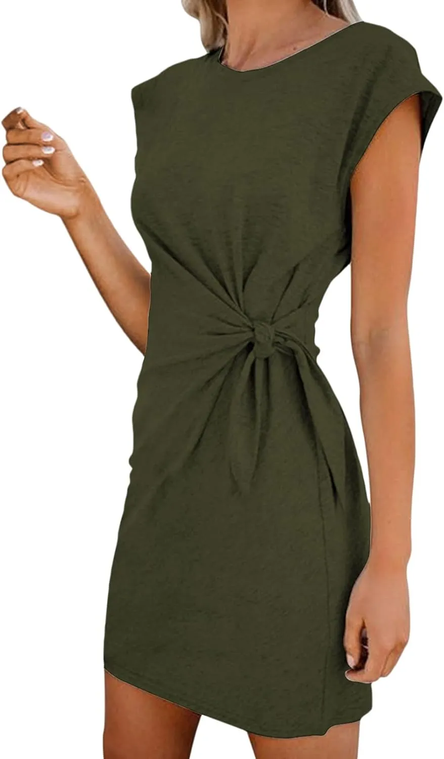 LaSuiveur Womens Casual Bodycon Tie Waist Cap Sleeve Cotton T Shirt Dress