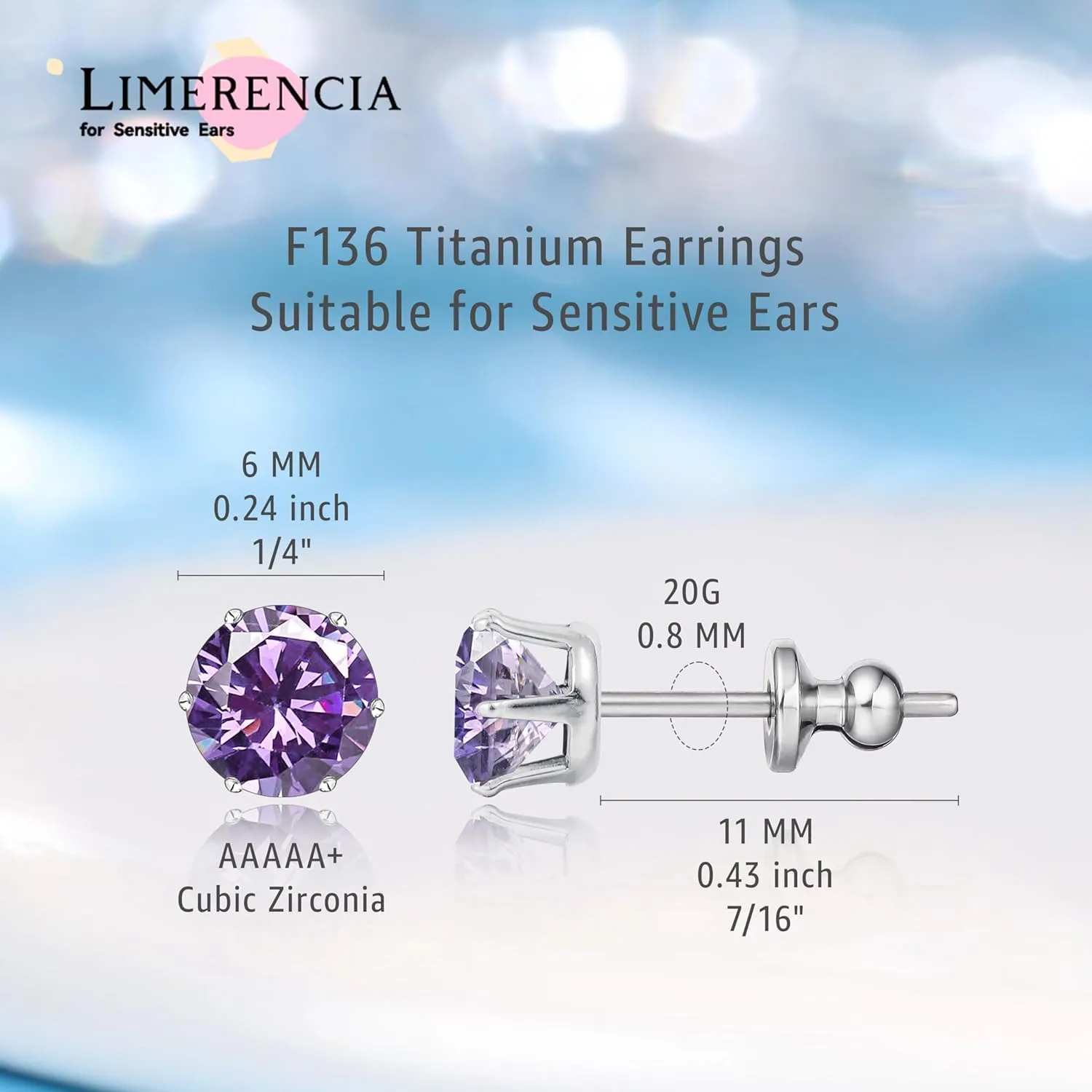 limerencia Pure Titanium CZ Stud Earrings Hypoallergenic F136 Implant Grade Earrings with 5A Simulated Diamonds Stud Earrings for Sensitive Ears