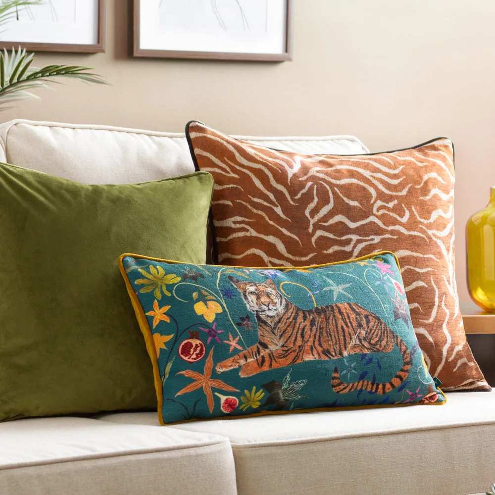 Madagascan Tiger Piped Velvet Cushion Multicolour
