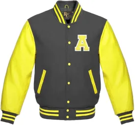 Man's Varsity Letterman All Wool & Yellow Colour Genuine Leather Sleeves Bomber Style Baseball Jacket A logo