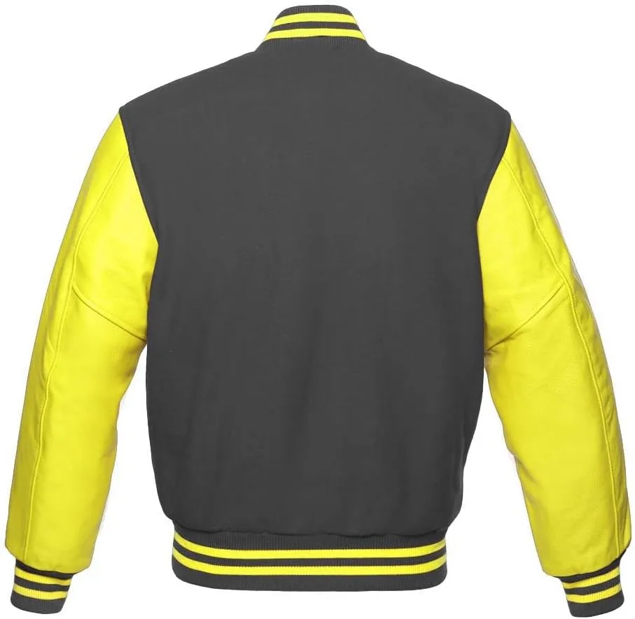 Man's Varsity Letterman All Wool & Yellow Colour Genuine Leather Sleeves Bomber Style Baseball Jacket A logo