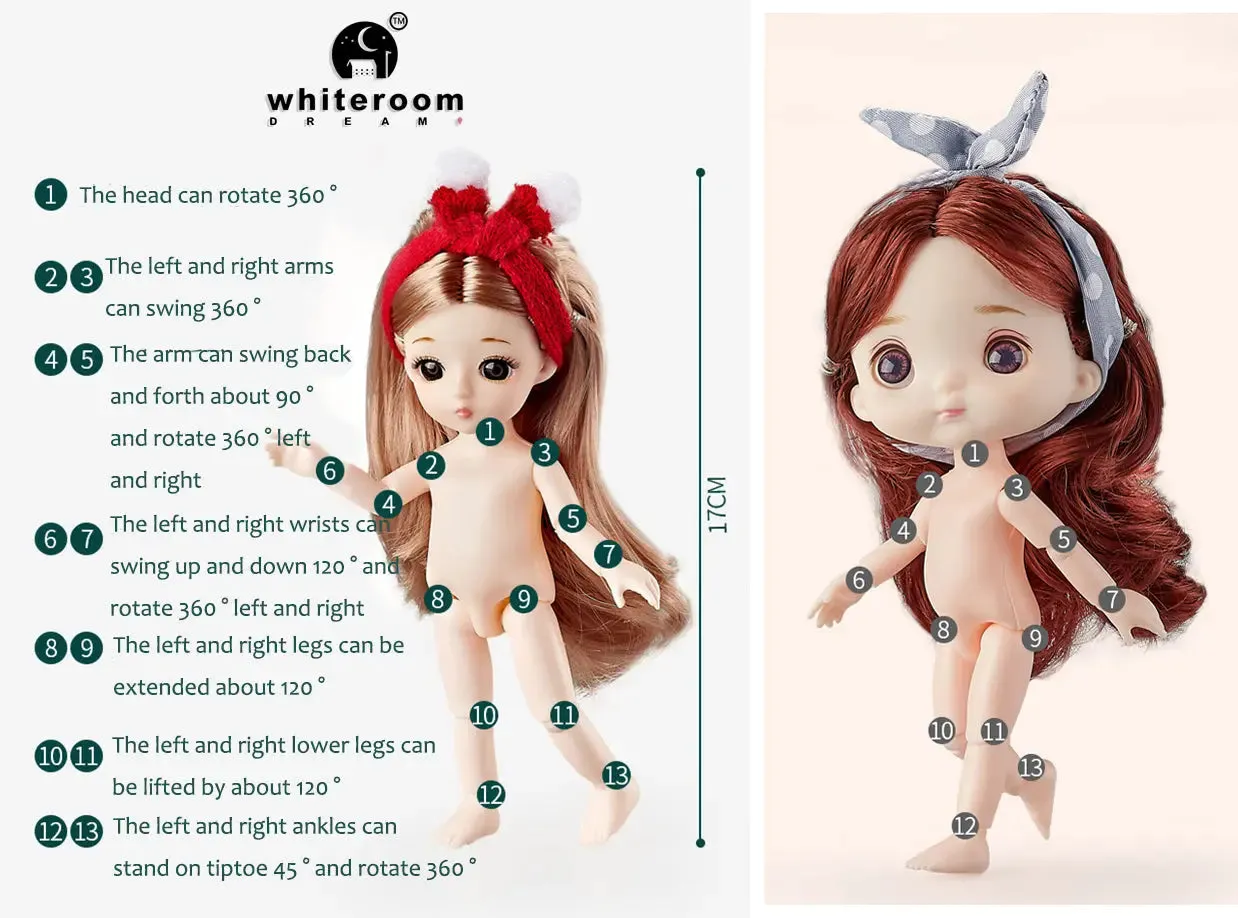 New 16 cm BJD Mini Doll | 13 Movable Joints | Girl with 3D Big Eyes | DIY Toy with Clothes | 1/12 Fashion Doll