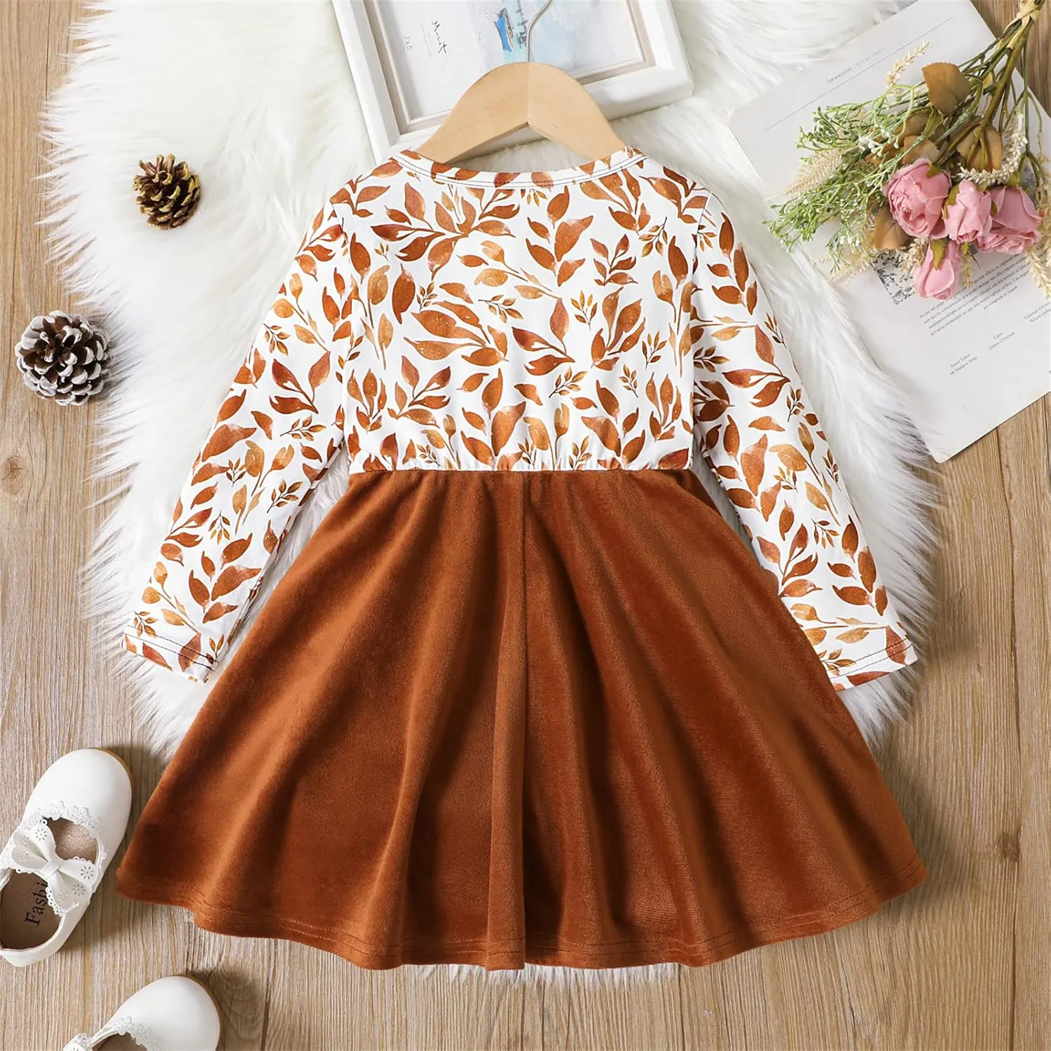 PATPAT Toddler Girl Clothes Toddler Girl Floral Leaf Print Velvet Splice Long Sleeve Dress