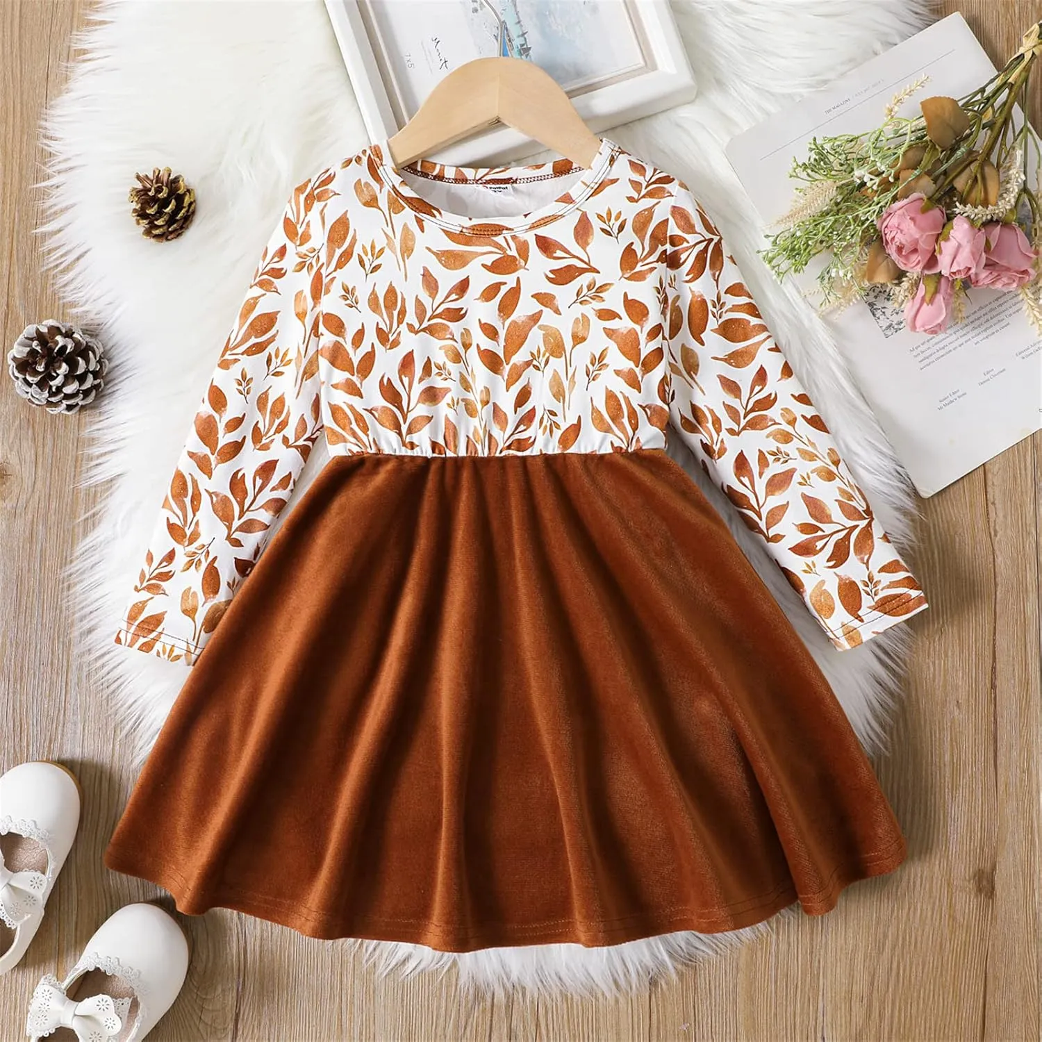 PATPAT Toddler Girl Clothes Toddler Girl Floral Leaf Print Velvet Splice Long Sleeve Dress