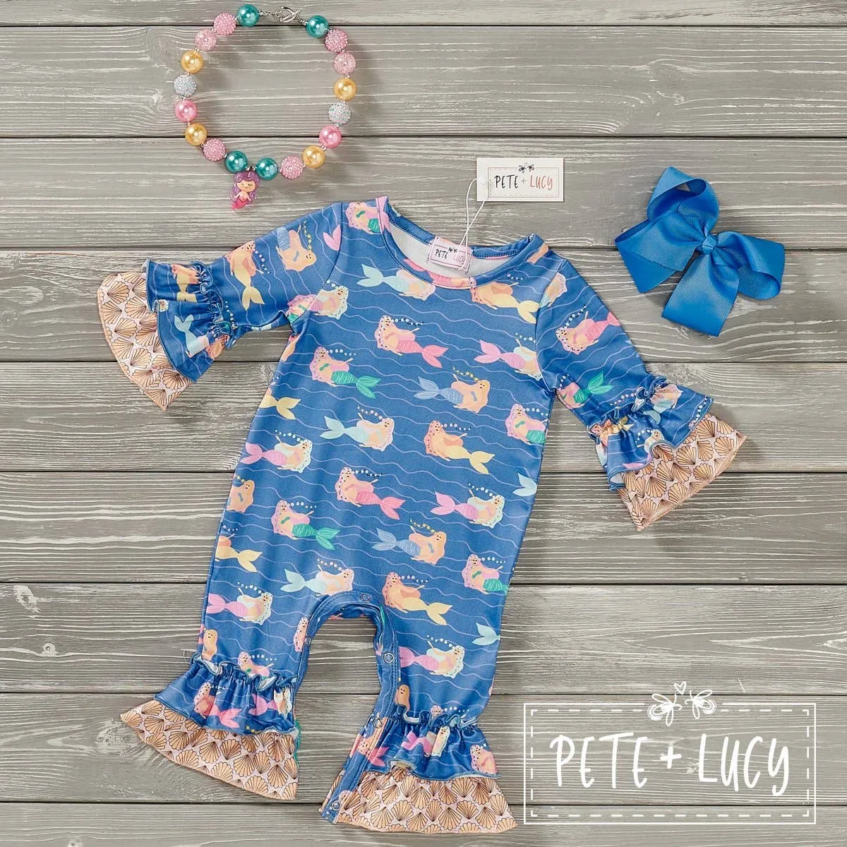 PETE   LUCY Mermaid and Shells Blue Yellow Baby Toddler Romper