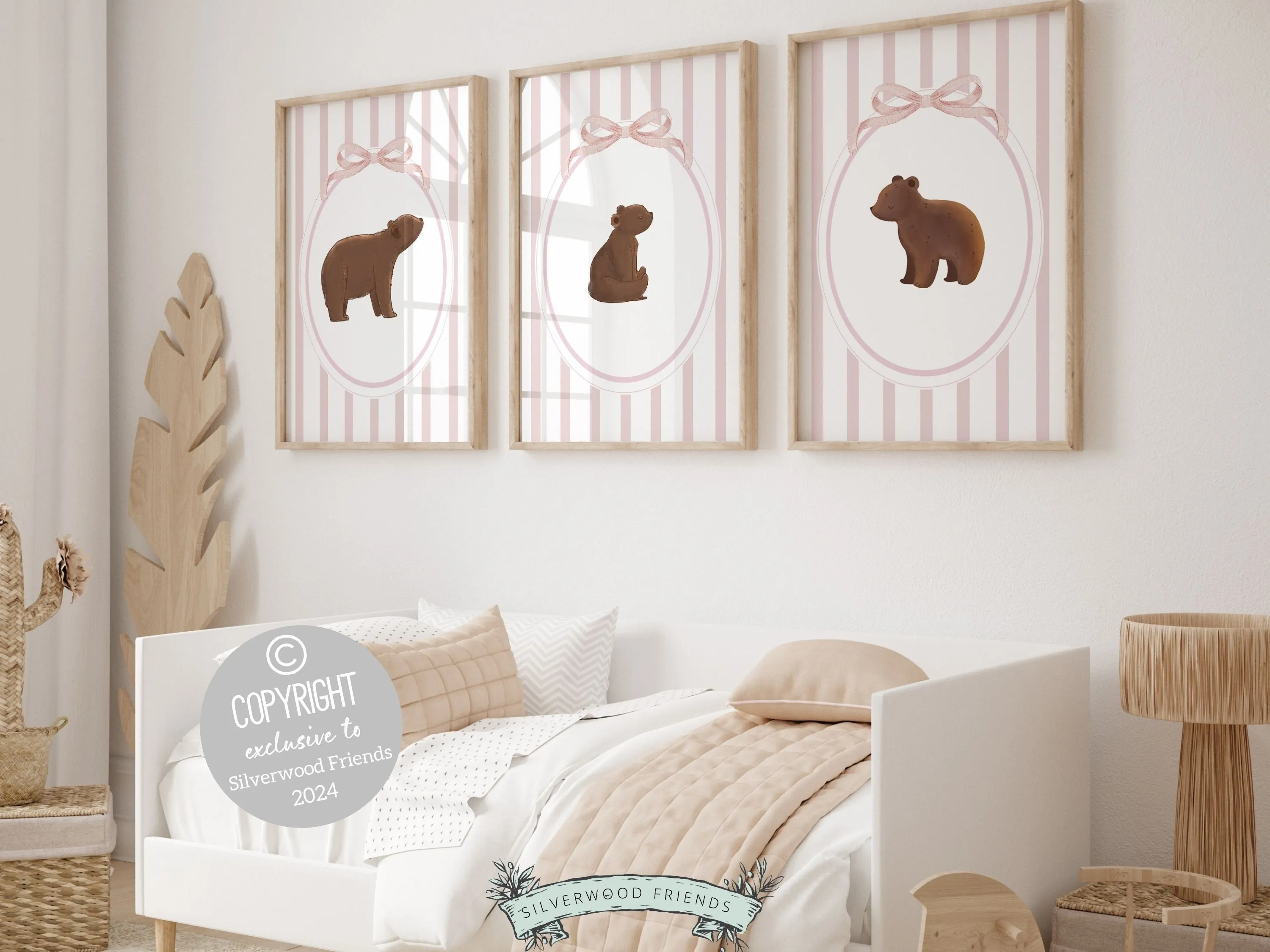Pink Chinoiserie Bear Nursery Prints - Set of 3
