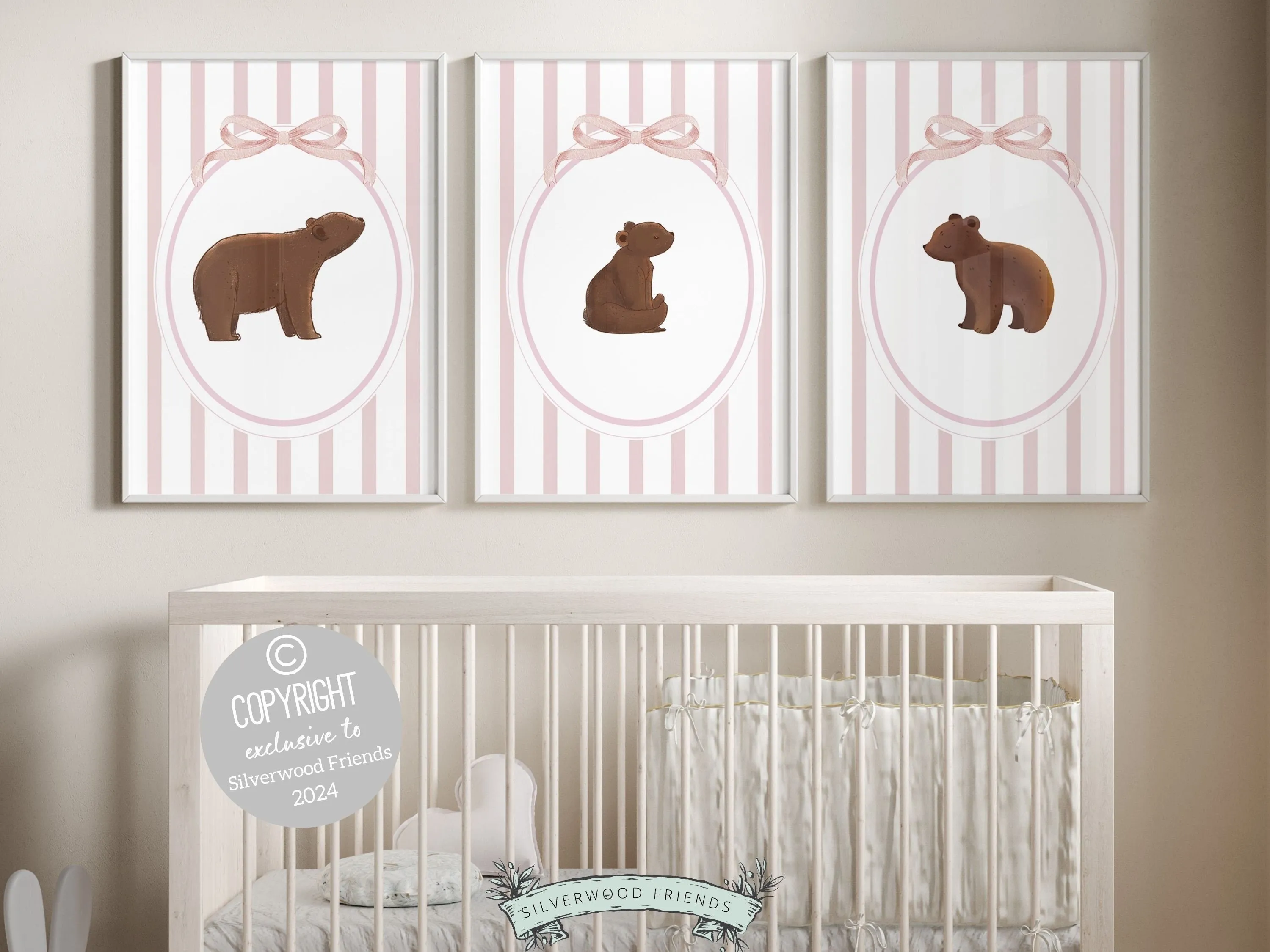 Pink Chinoiserie Bear Nursery Prints - Set of 3