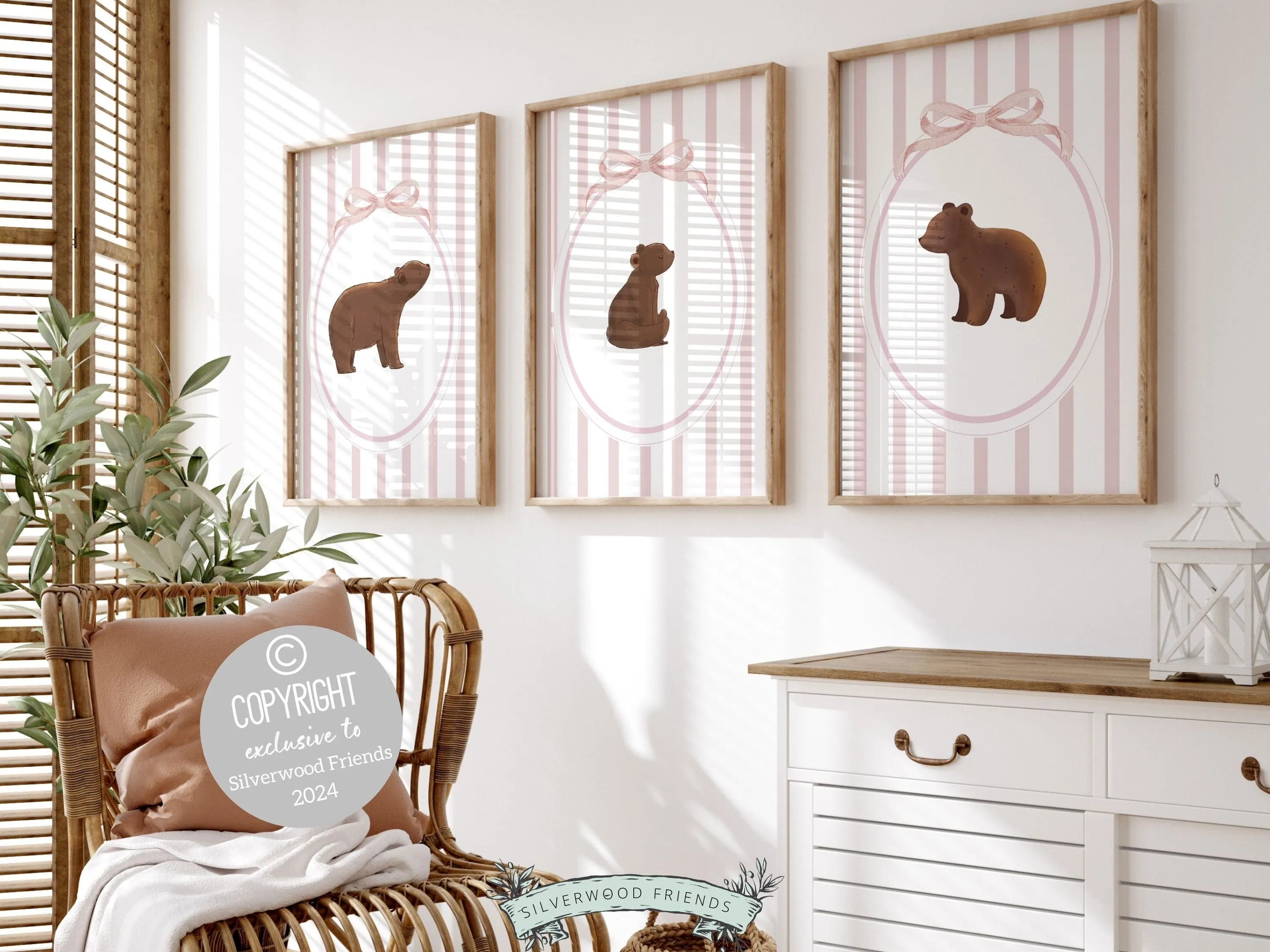 Pink Chinoiserie Bear Nursery Prints - Set of 3