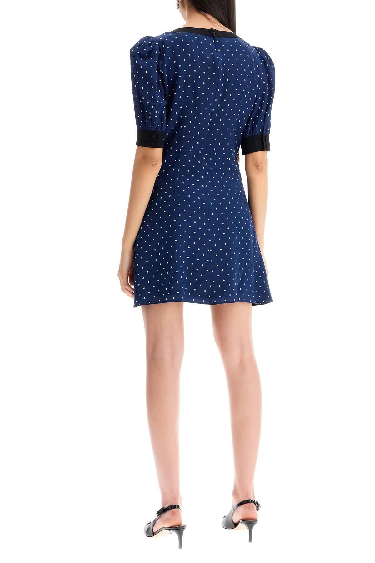"silk polka dot mini dress FABX3895 F4378 NAVY BLUE-WHITE