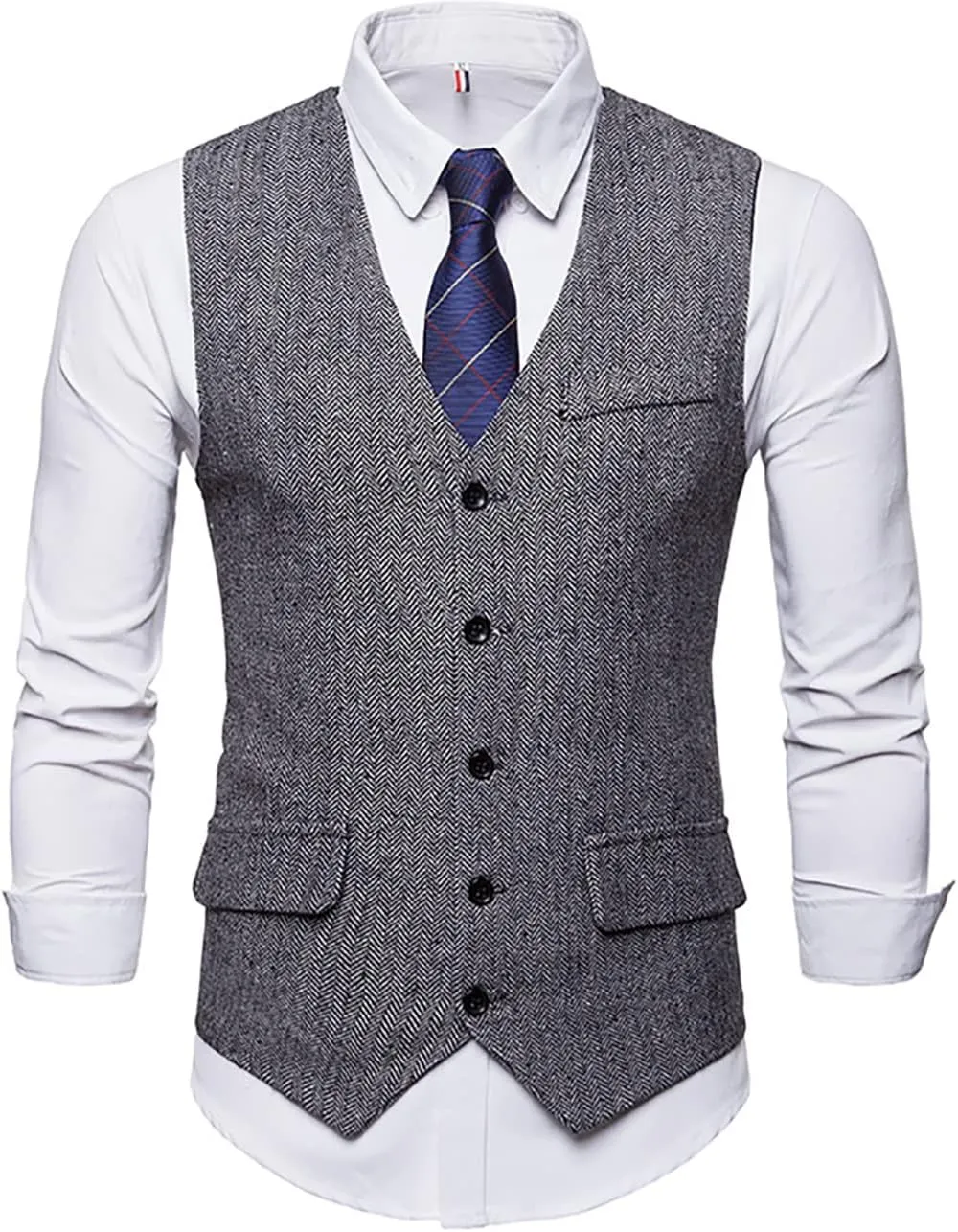 RONGKIM Men's Herringbone Tweed Suit Vest Business Casual Wool Blend Waistcoat Formal Dress Vest for Wedding Party