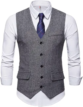 RONGKIM Men's Herringbone Tweed Suit Vest Business Casual Wool Blend Waistcoat Formal Dress Vest for Wedding Party
