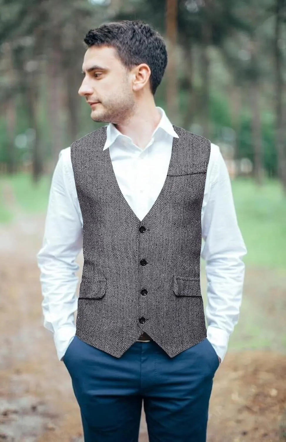 RONGKIM Men's Herringbone Tweed Suit Vest Business Casual Wool Blend Waistcoat Formal Dress Vest for Wedding Party