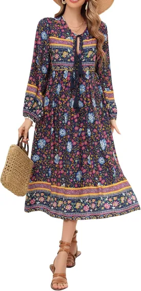 R.Vivimos Women's Long Sleeves Floral Print Retro V Neck Tassel Casual Bohemian Midi Dresses