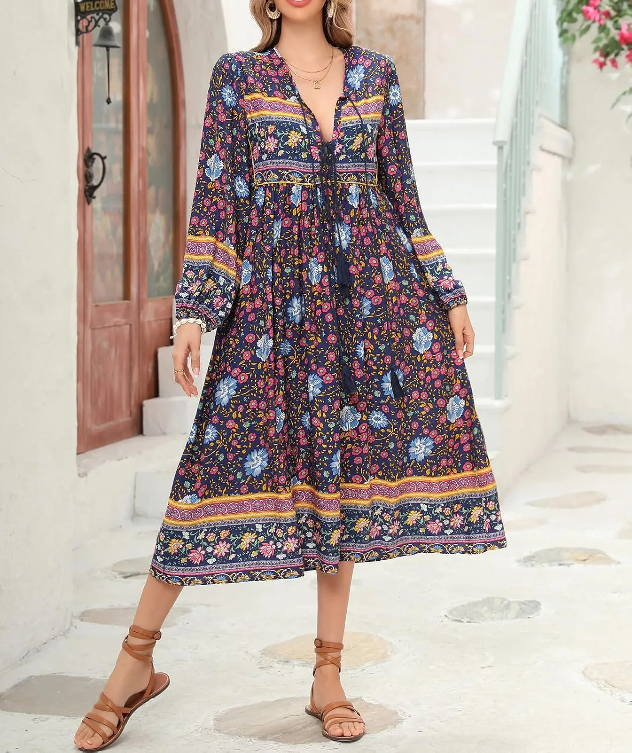 R.Vivimos Women's Long Sleeves Floral Print Retro V Neck Tassel Casual Bohemian Midi Dresses