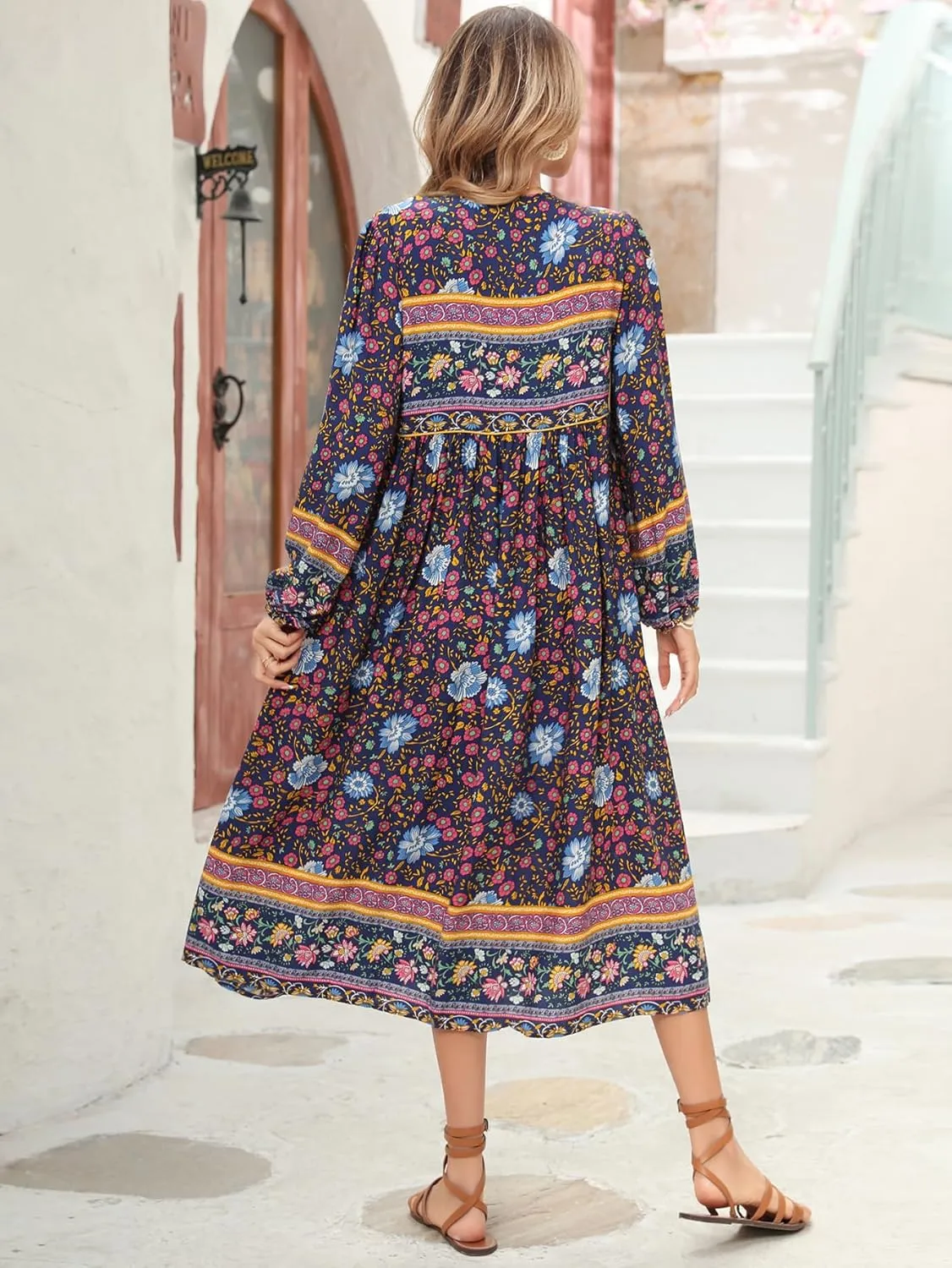 R.Vivimos Women's Long Sleeves Floral Print Retro V Neck Tassel Casual Bohemian Midi Dresses