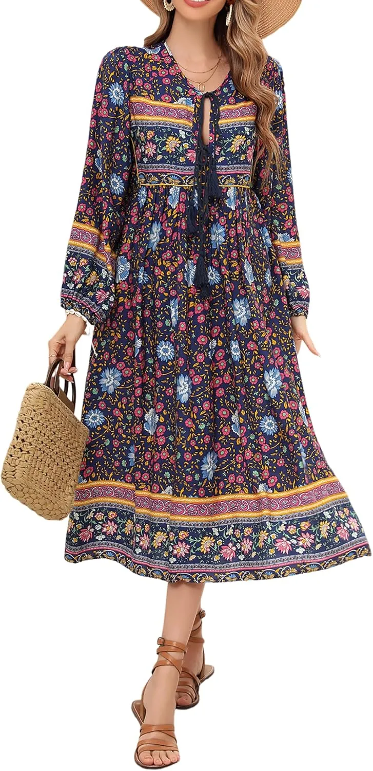 R.Vivimos Women's Long Sleeves Floral Print Retro V Neck Tassel Casual Bohemian Midi Dresses