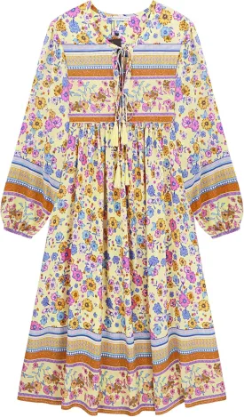 R.Vivimos Women's Long Sleeves Floral Print Retro V Neck Tassel Casual Bohemian Midi Dresses