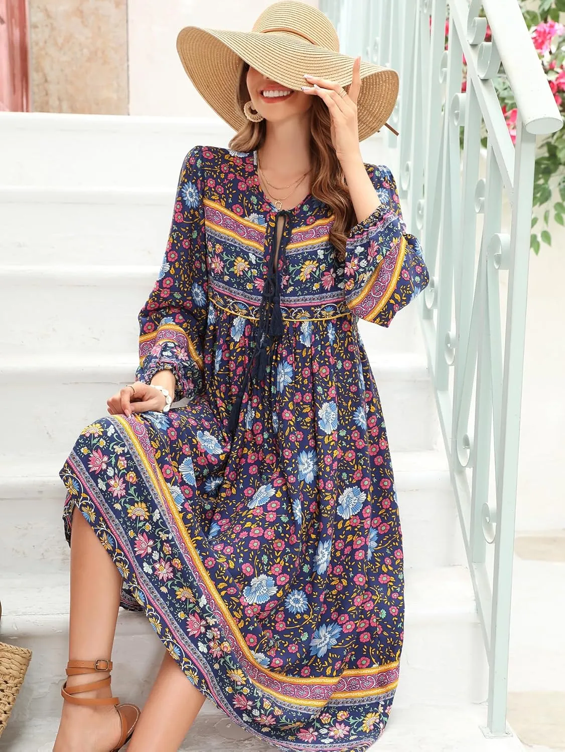 R.Vivimos Women's Long Sleeves Floral Print Retro V Neck Tassel Casual Bohemian Midi Dresses