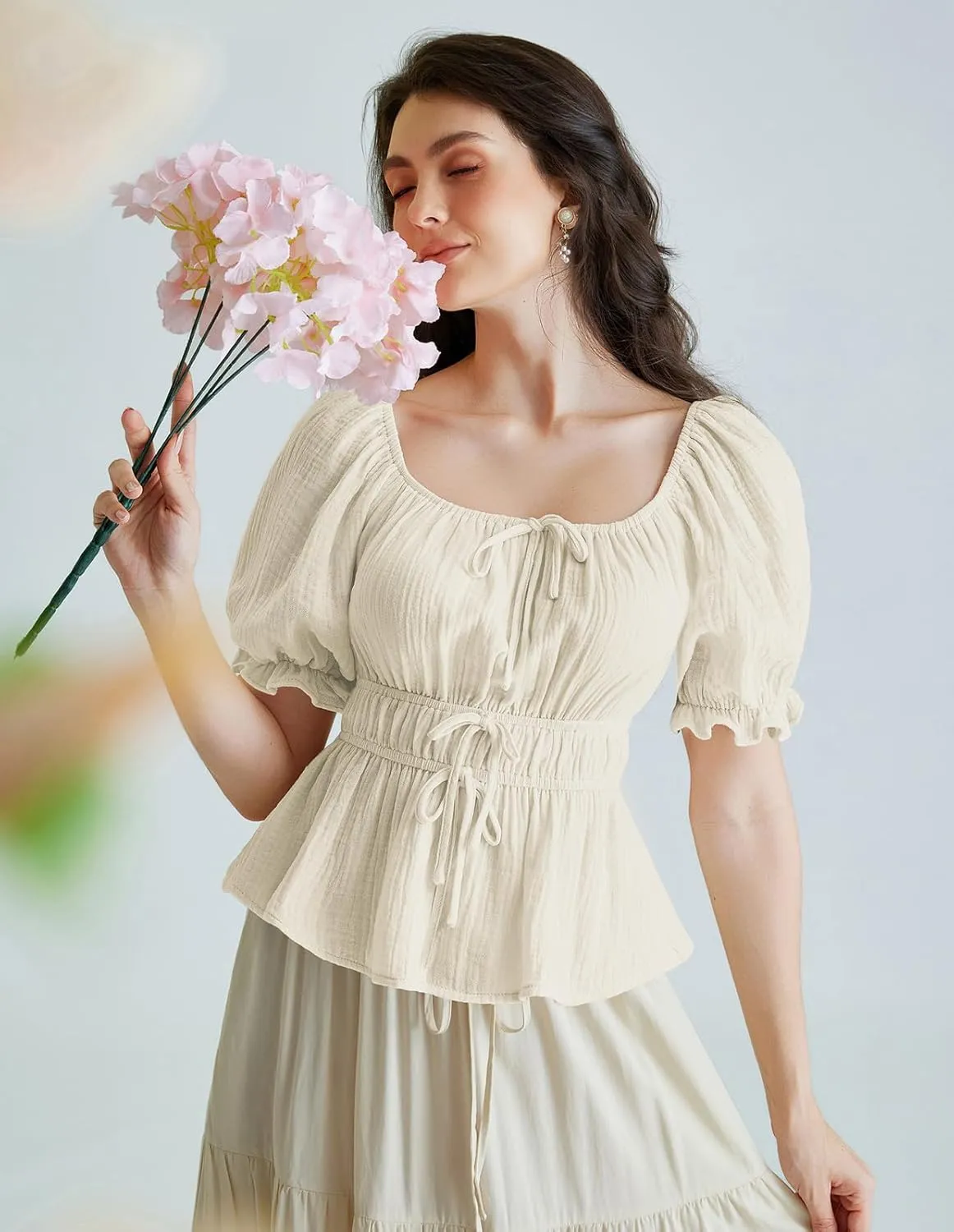 Scarlet Darkness Women Tie Front Tops Renaissance Puff Sleeve Blouse Peasant Peplum Shirts