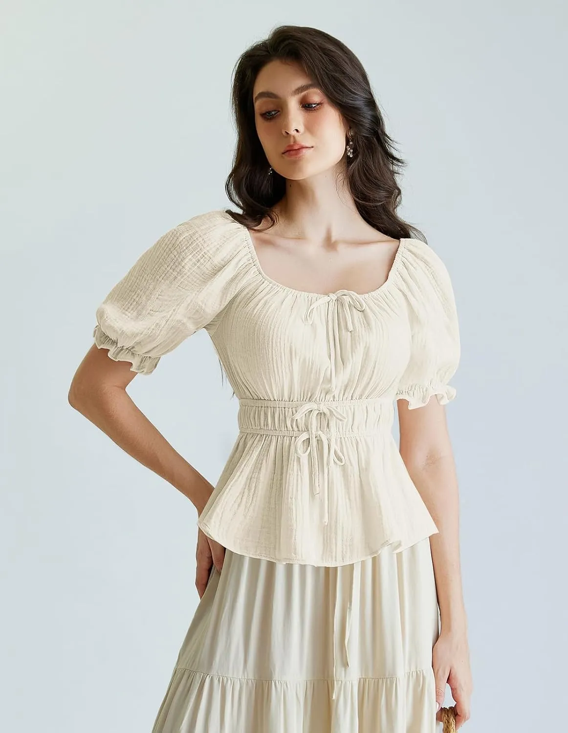 Scarlet Darkness Women Tie Front Tops Renaissance Puff Sleeve Blouse Peasant Peplum Shirts