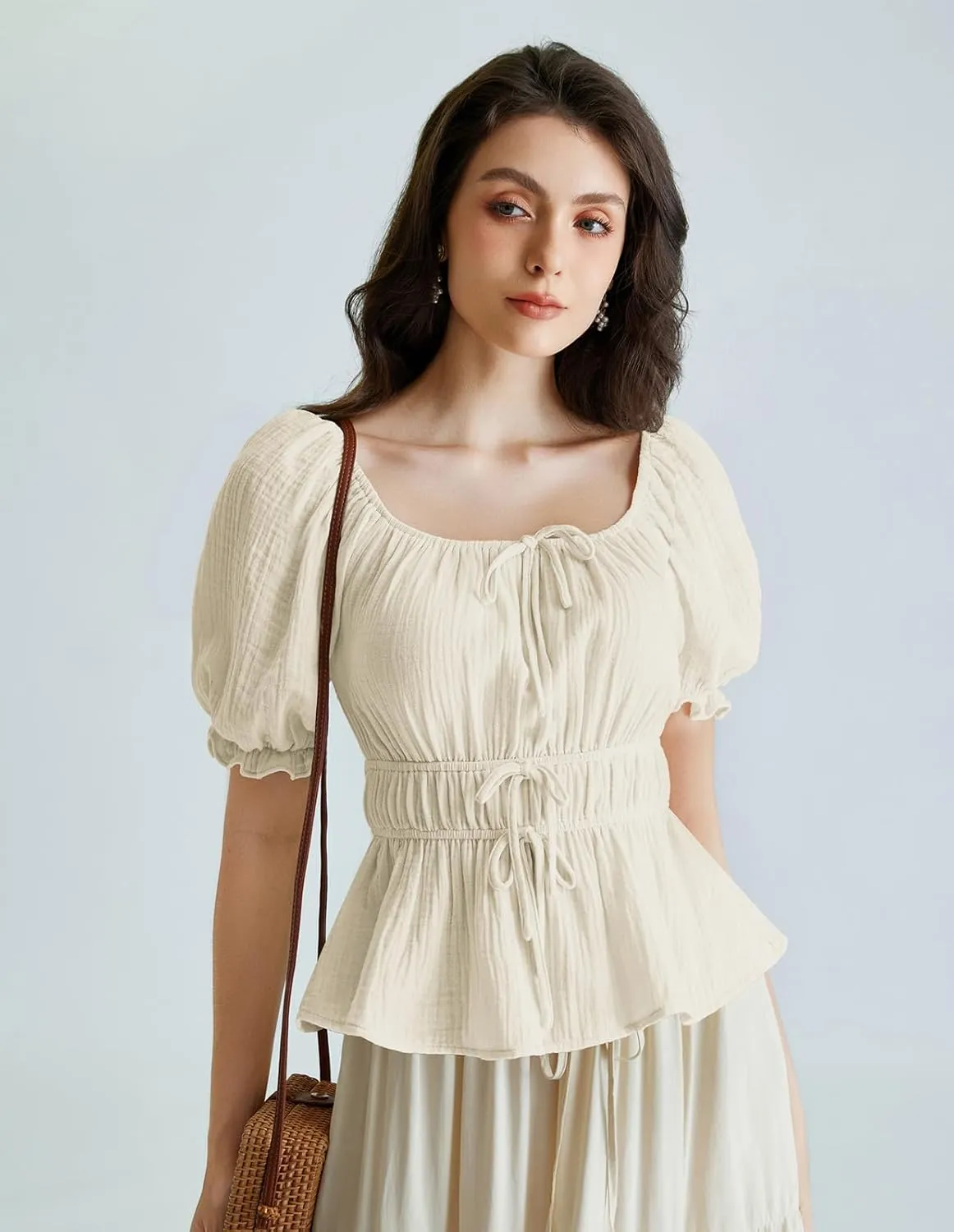 Scarlet Darkness Women Tie Front Tops Renaissance Puff Sleeve Blouse Peasant Peplum Shirts