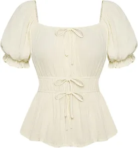 Scarlet Darkness Women Tie Front Tops Renaissance Puff Sleeve Blouse Peasant Peplum Shirts
