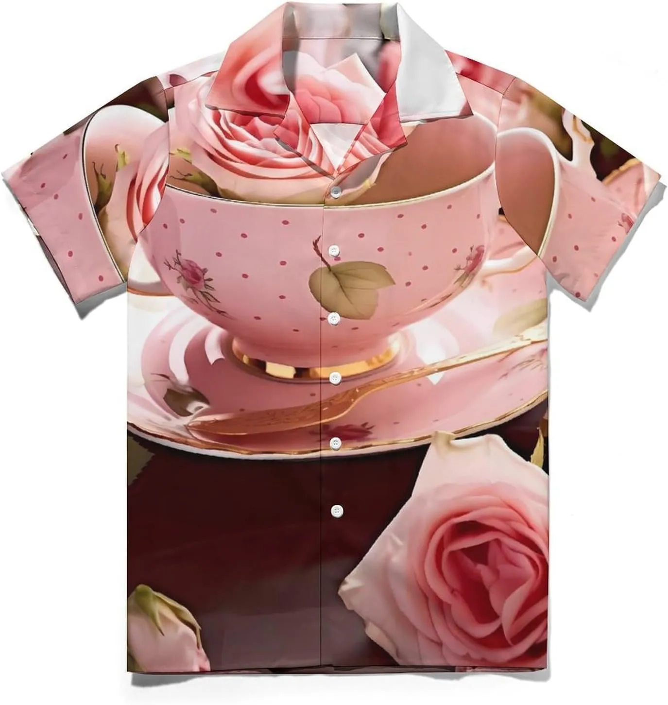 Tea Cups with Roses Romantic Shabby Print Cuban Collar Shirt Classic Design for Comfort and Style
