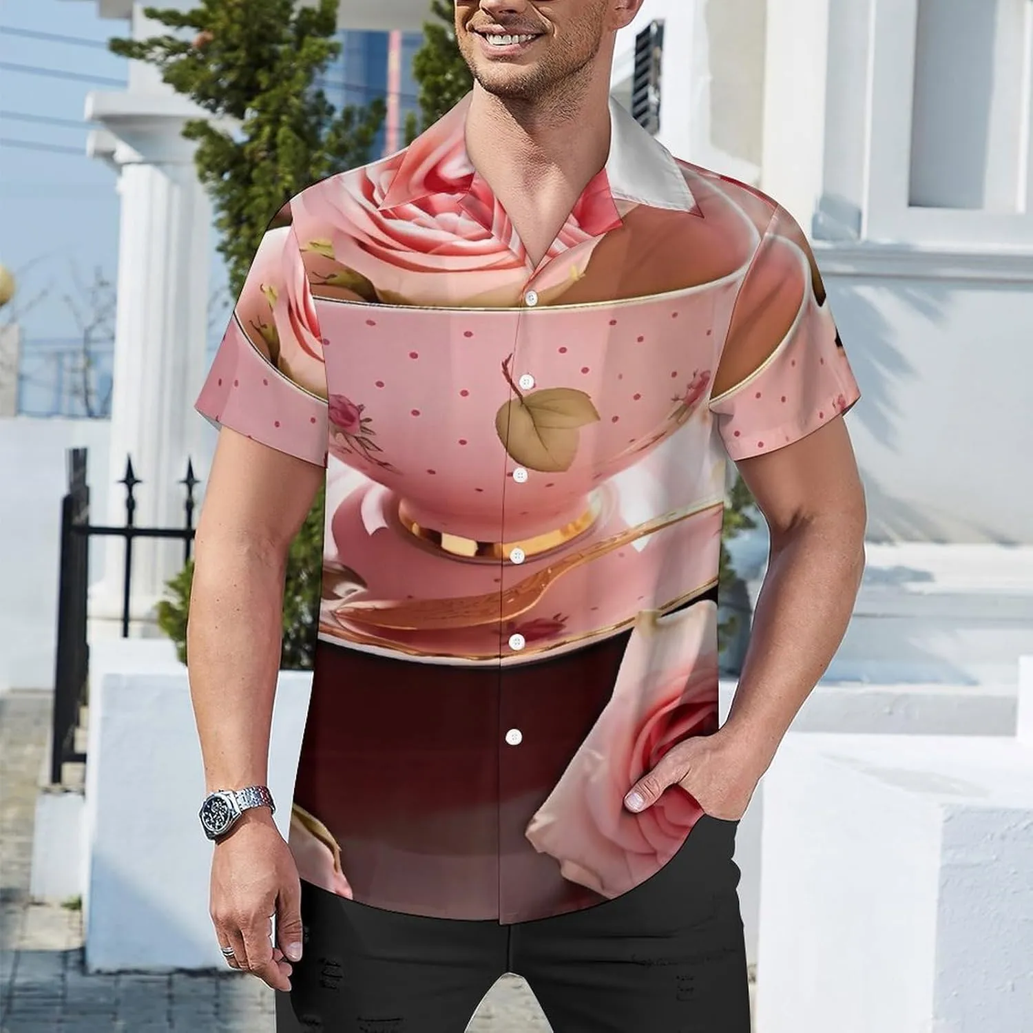 Tea Cups with Roses Romantic Shabby Print Cuban Collar Shirt Classic Design for Comfort and Style