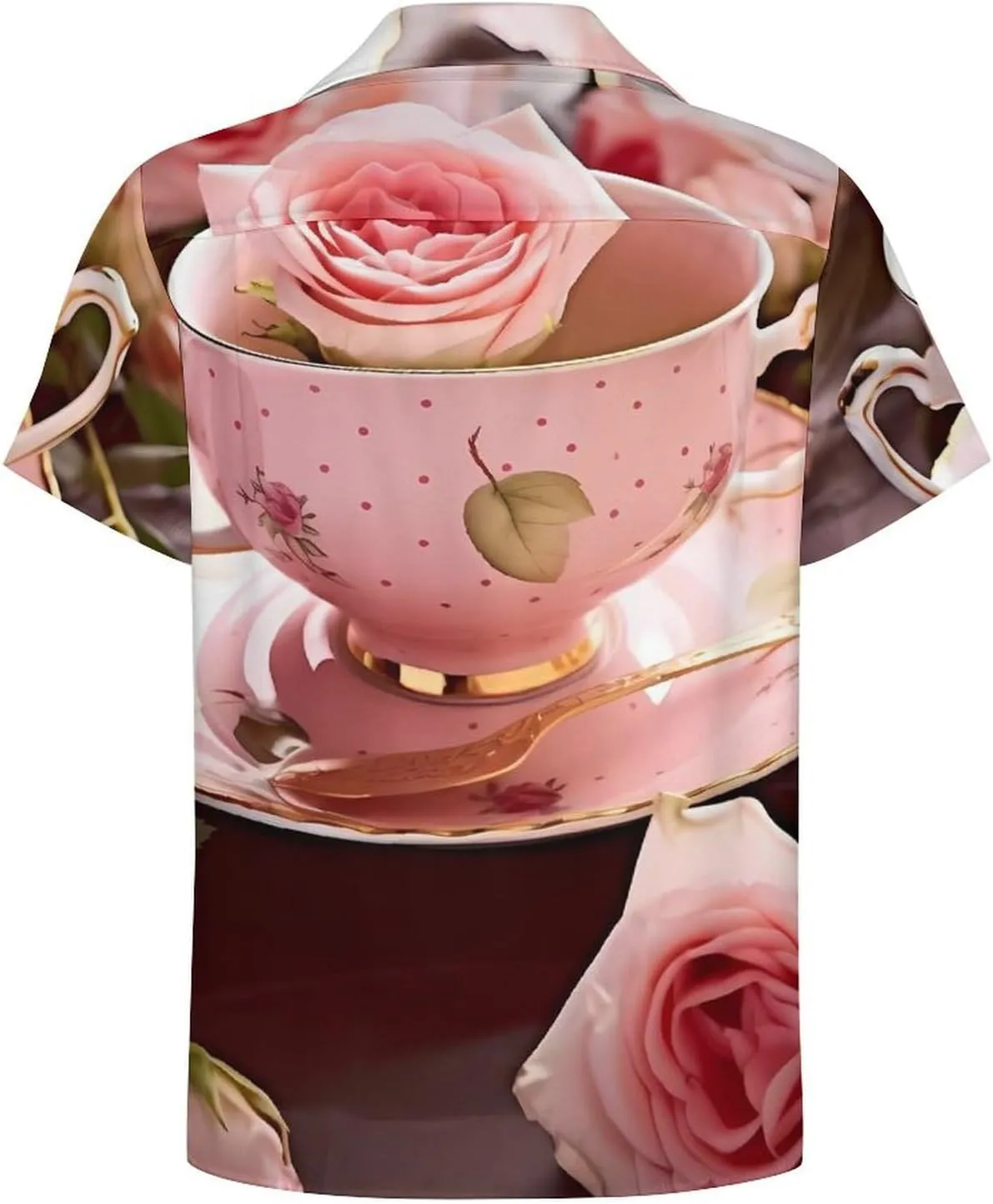 Tea Cups with Roses Romantic Shabby Print Cuban Collar Shirt Classic Design for Comfort and Style