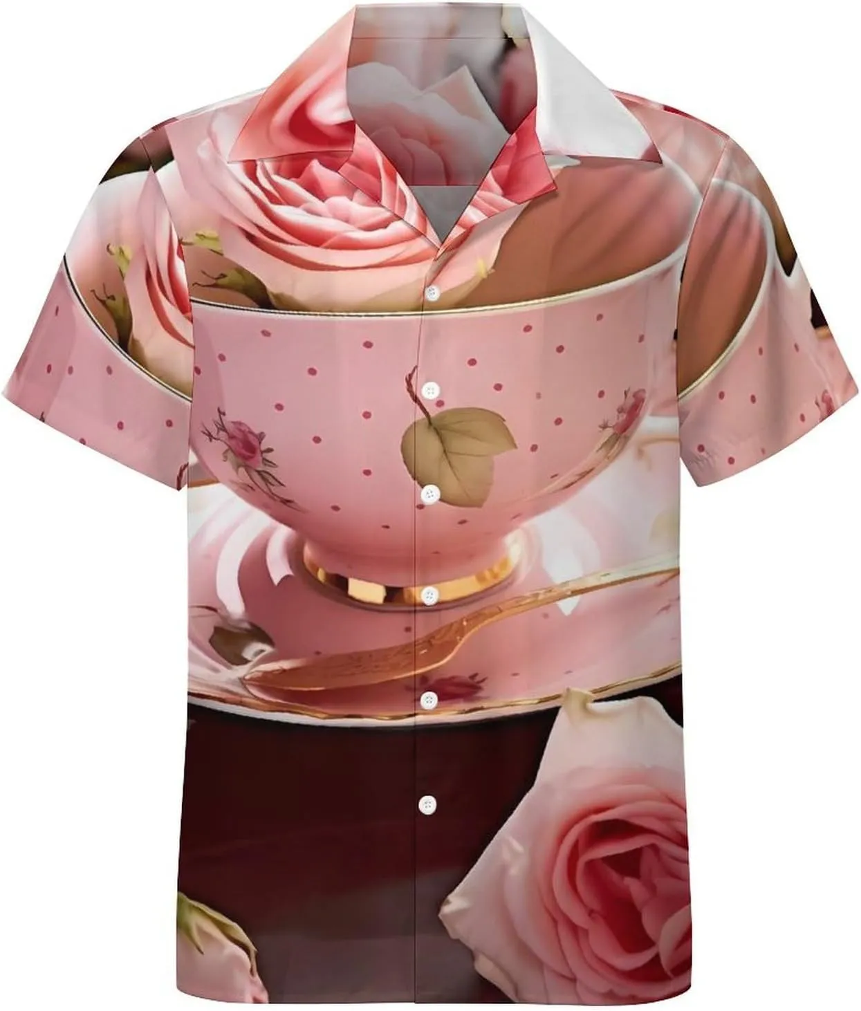 Tea Cups with Roses Romantic Shabby Print Cuban Collar Shirt Classic Design for Comfort and Style