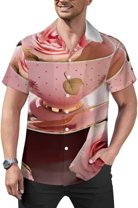 Tea Cups with Roses Romantic Shabby Print Cuban Collar Shirt Classic Design for Comfort and Style
