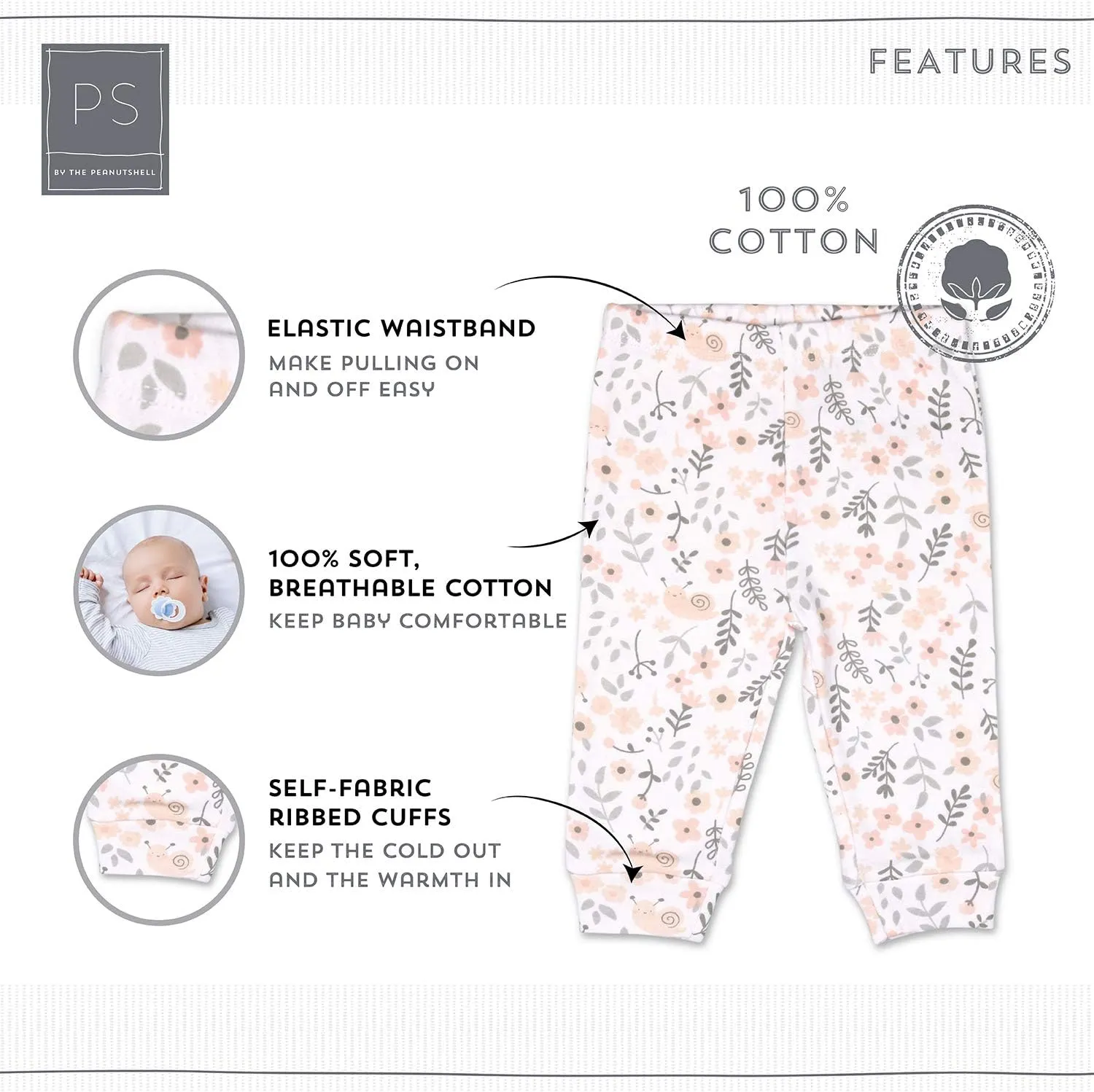 The Peanutshell 5 Pack Baby Girl Pants Set - 100% Cotton Toddler Pants for 0-24 Months Clothes for Toddlers & Babies - Flower