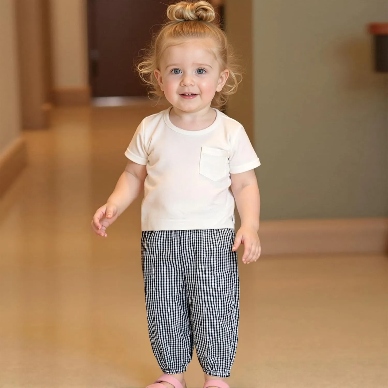 Toddler Baby Girl Boy Cotton Linen Pants Plaid Elastic Jogger Gingham Lantern Long Pants Summer Fall Harem Pants