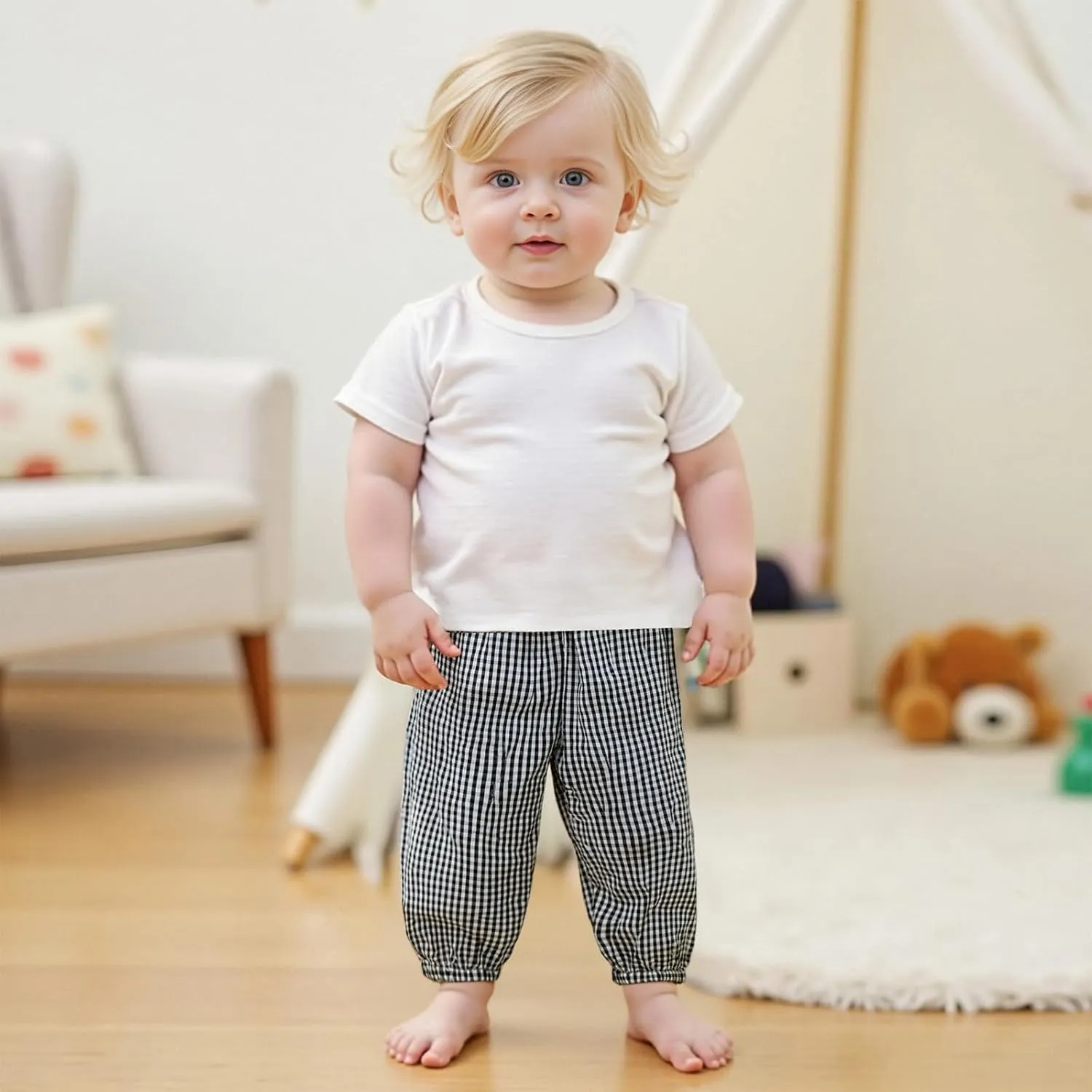 Toddler Baby Girl Boy Cotton Linen Pants Plaid Elastic Jogger Gingham Lantern Long Pants Summer Fall Harem Pants