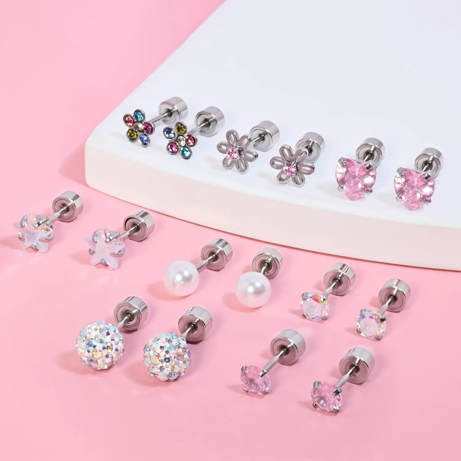 Toddler Earrings for Girls Push-in Titanium Hypoallergenic Threadless Flat Back Earrings for Women Sensitive Ears Cartilage Cute Small Pearl Star Flower Heart Pink Cubic Zirconia Studs (Pearl)