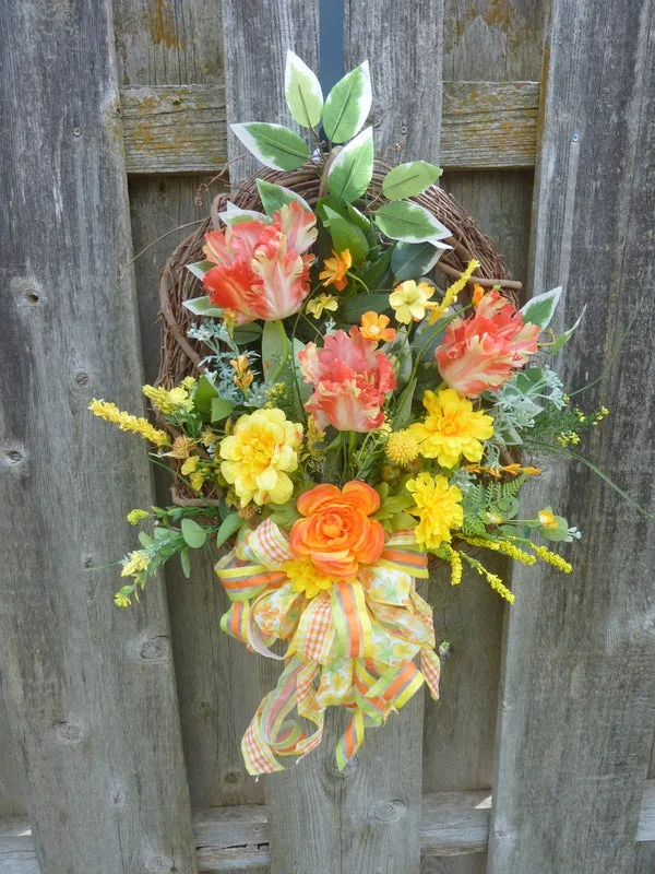 Tulip wreath with orange and yellow Parrot Tulips