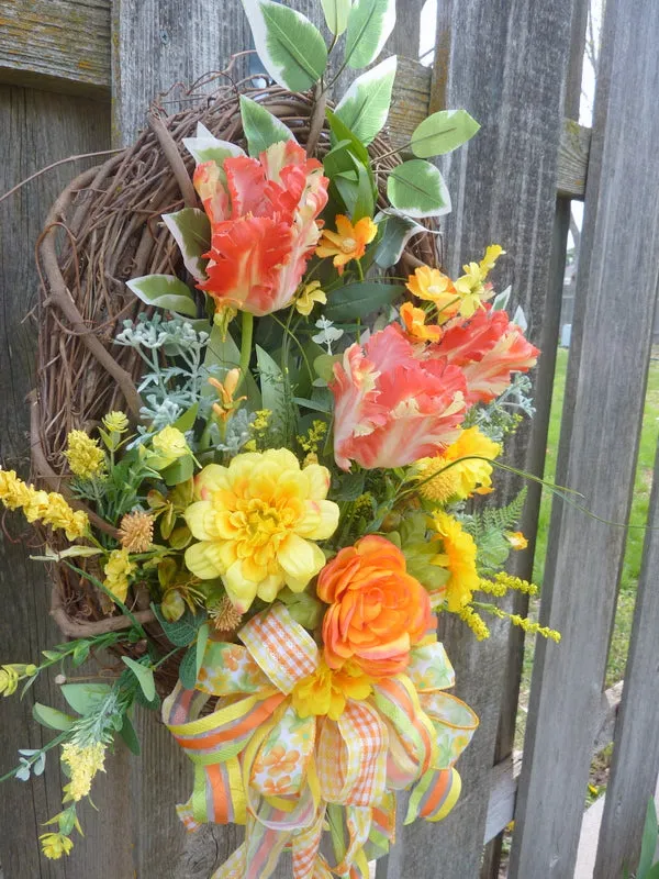 Tulip wreath with orange and yellow Parrot Tulips