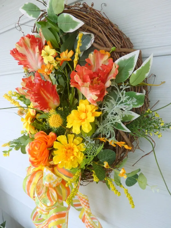Tulip wreath with orange and yellow Parrot Tulips