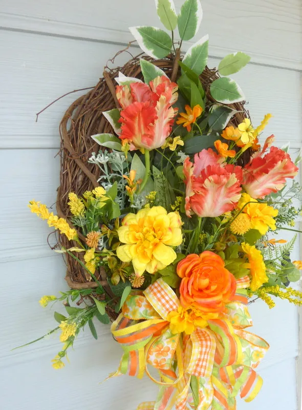 Tulip wreath with orange and yellow Parrot Tulips