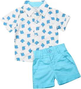 VISGOGO Toddler Baby Boy Flamingo Short Sleeve Button Down Shirt & Casual Shorts Set Summer Outfits 1-6 Years Clothes