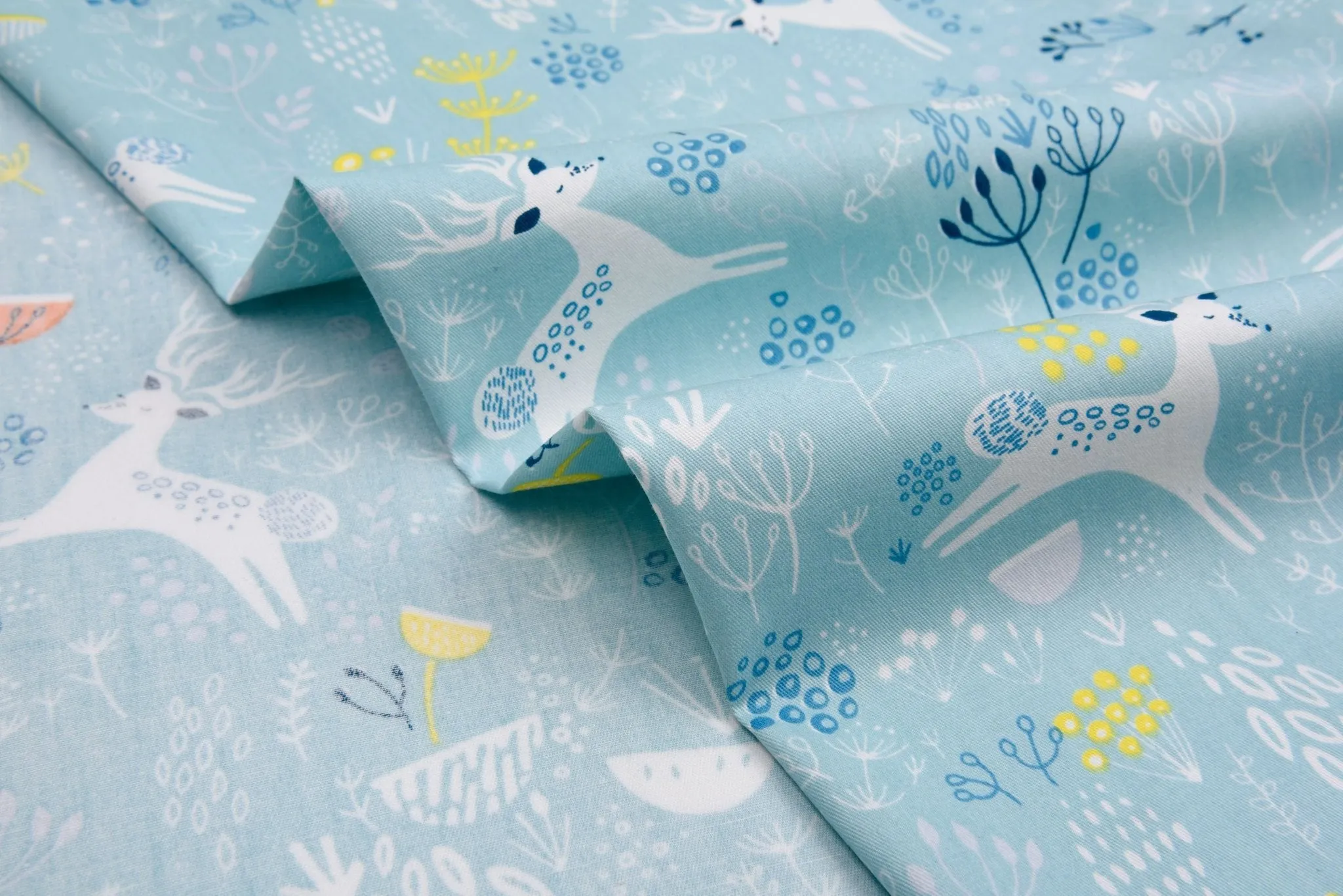 Washed 100 %  Organic  Cotton Poplin, Winter Deer Print Fabric. GK - 007