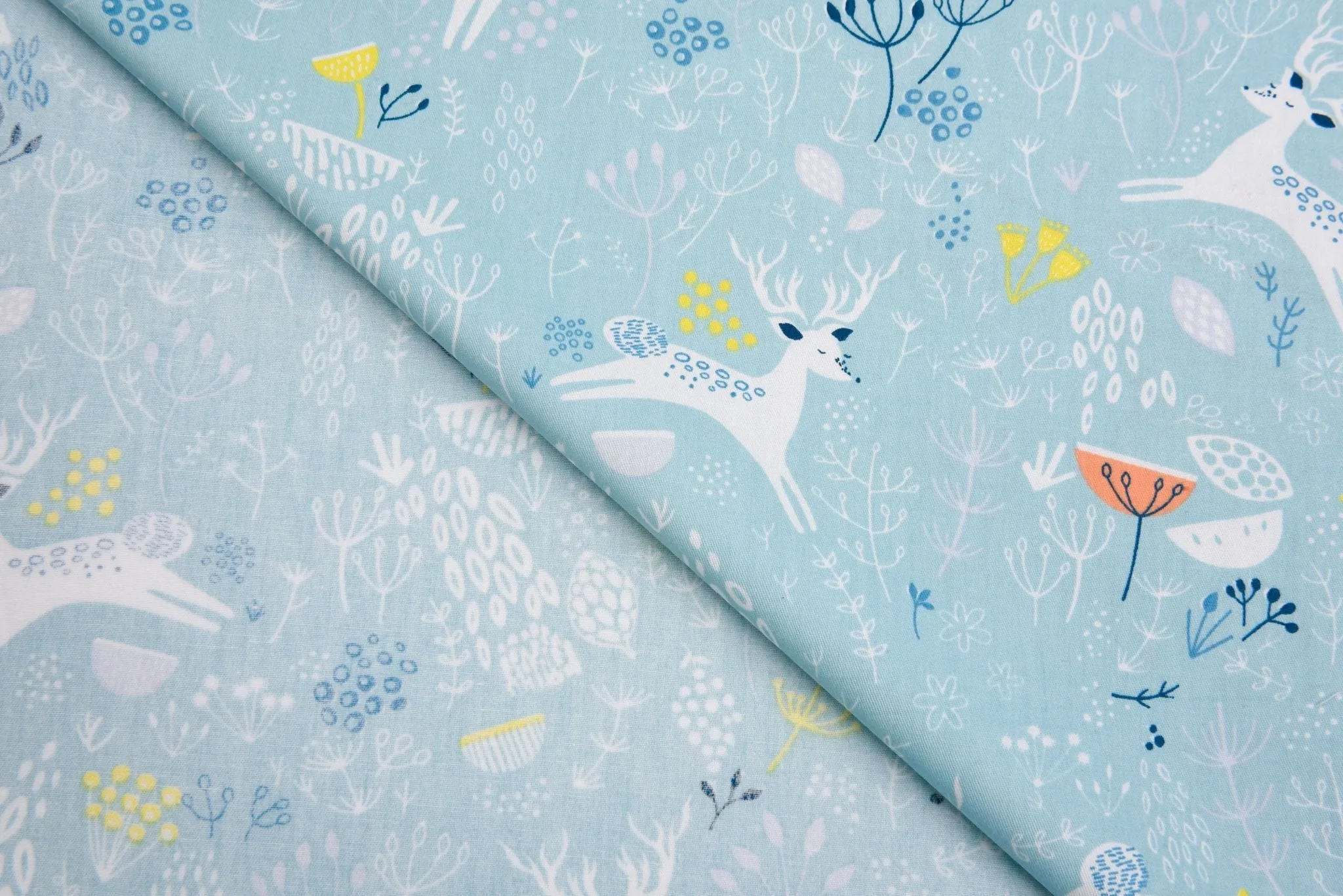 Washed 100 %  Organic  Cotton Poplin, Winter Deer Print Fabric. GK - 007