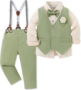 WESIDOM Toddler Boy Clothes Suit Formal Dress Shirt Bowtie Vest Boutonniere Suspender Pants Boys Gentleman Outfits Set